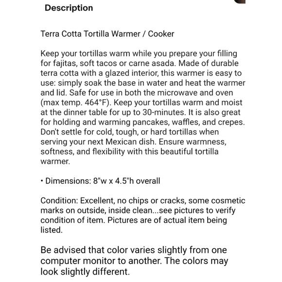 Terra Cotta Tortilla Warmer / Cooker Sunflower - Picture 6 of 6